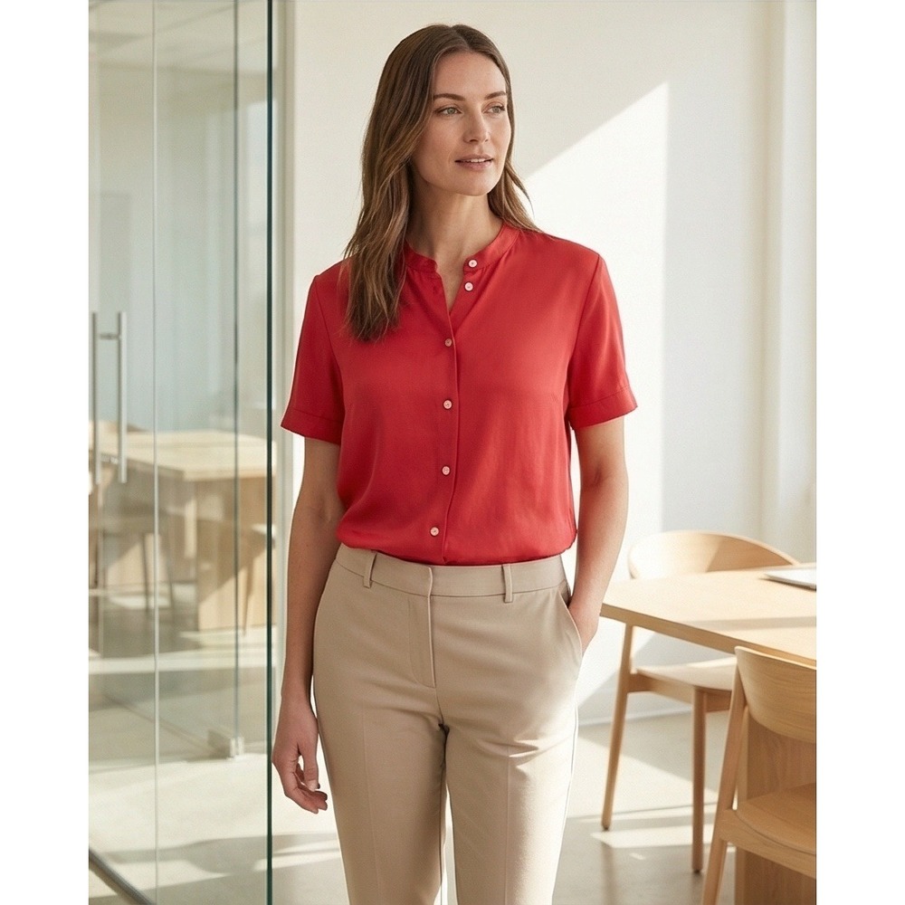 Chico's 3 Red Short Sleeve Silk Mandarin Collar Button Down Blouse Roll Tab Top